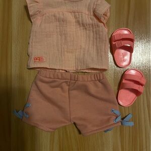 Our Generation outfit. Peach Top and Shorts Set with Pink Sandals.